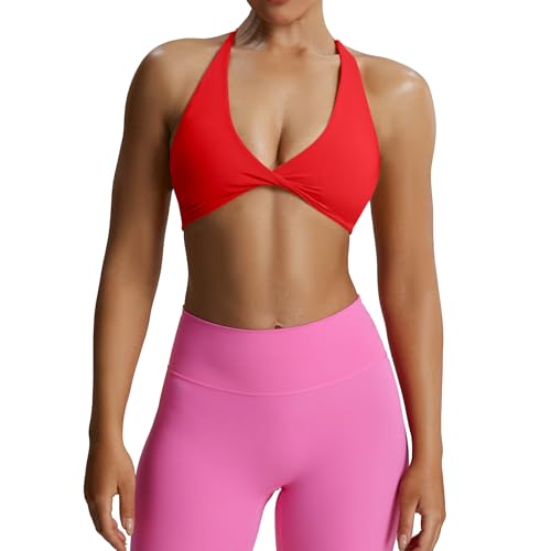 Aoxjox Damen Workout Sport BHS Fitness Rückenfrei Gepolstert Sienna Low Impact BH Yoga Crop Tank Top, Racing Red, M von Aoxjox