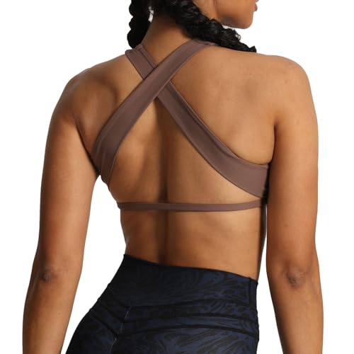 Aoxjox Damen Workout Sport BHS Square Neck Emma Cross Back Fitness Training Gym Bra Yoga Crop Tank, Fudge Coffee, Medium von Aoxjox