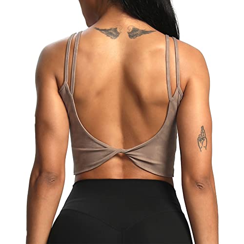 Aoxjox Damen Workout Sport BHs Fitness Gepolstert Rückenfrei Yoga Crop Tank Top Twist Back Cami, Cloud Fade Mokka, Medium von Aoxjox