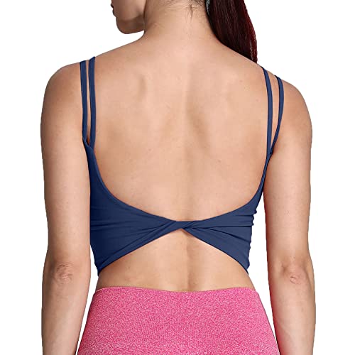 Aoxjox Damen Workout Sport BHs Fitness Gepolstert Rückenfrei Yoga Crop Tank Top Twist Back Cami, Marineblau, Large von Aoxjox