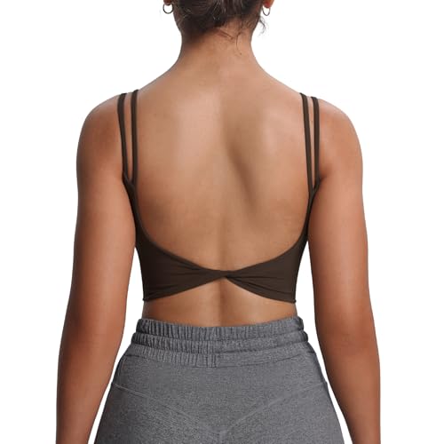 Aoxjox Damen Workout Sport-BHs, Fitness gepolsterter, rückenfreier Yoga Crop Tank Top mit Dreh-Design und Camisole, Mulch, X-Small von Aoxjox