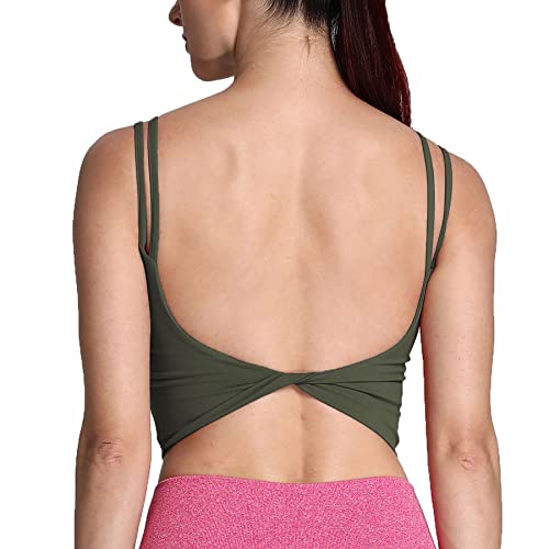 Aoxjox Damen Workout Sport BHs Fitness Gepolstert Rückenfrei Yoga Crop Tank Top Twist Back Cami, Olivgrün, Medium von Aoxjox