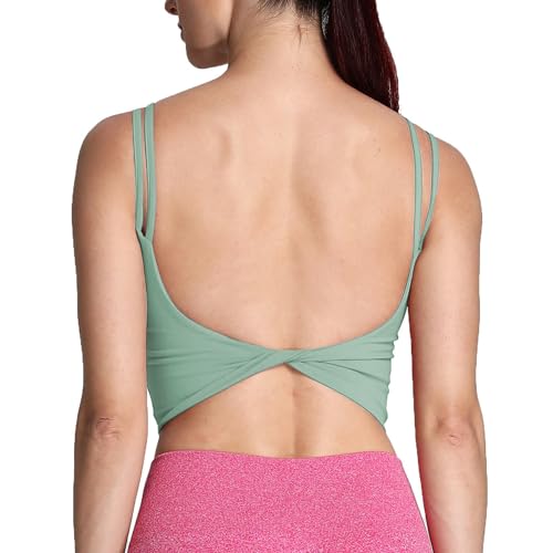 Aoxjox Damen Workout Sport BHs Fitness Gepolstert Rückenfrei Yoga Crop Tank Top Twist Back Cami, Salbeigrün, XX-Large von Aoxjox