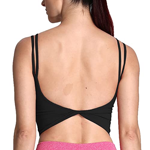 Aoxjox Damen Workout Sport BHs Fitness Gepolstert Rückenfrei Yoga Crop Tank Top Twist Back Cami, Schwarz, Medium von Aoxjox