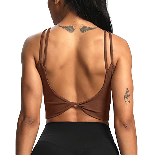 Aoxjox Damen Workout Sport BHs Fitness Gepolstert Rückenfrei Yoga Crop Tank Top Twist Back Cami, Wolkenbraun, small von Aoxjox