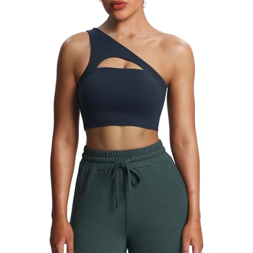 Aoxjox Damen Workout Sport BHs Fitness Gym Olivia Asymmetrisch One Shoulder Bra Yoga Crop Tank, Blaubeer, Large von Aoxjox
