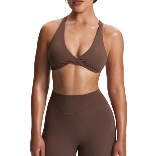 Aoxjox Damen Workout Sport BHS Fitness Rückenfrei Gepolstert Satara Low Impact BH Yoga Crop Tank Top, Fudge Coffee, Large von Aoxjox