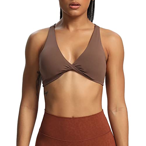 Aoxjox Damen Workout Sport BHs Fitness Rückenfrei Gepolstert Satara Low Impact BH Yoga Crop Tank Top, Fudge Coffee, Medium von Aoxjox