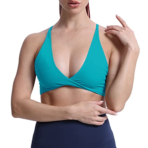 Aoxjox Damen Workout Sport BHs Fitness Rückenfrei Gepolstert Sienna Low Impact BH Yoga Crop Tank Top, Cascade Blue, Medium von Aoxjox