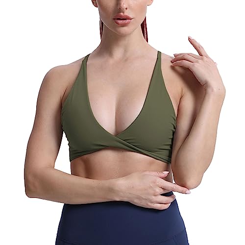 Aoxjox Damen Workout Sport BHs Fitness Rückenfrei Gepolstert Sienna Low Impact BH Yoga Crop Tank Top, Olivgrün, Medium von Aoxjox