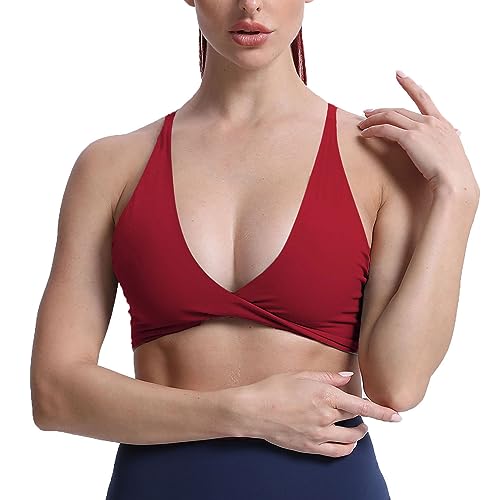 Aoxjox Damen Workout Sport BHs Fitness Rückenfrei Gepolstert Sienna Low Impact BH Yoga Crop Tank Top, Rot (Rumba Red), Large von Aoxjox