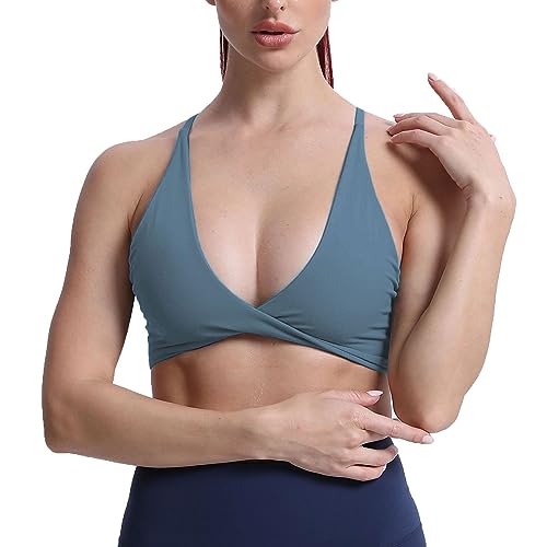 Aoxjox Damen Workout Sport BHs Fitness Rückenfrei Gepolstert Sienna Low Impact BH Yoga Crop Tank Top, Stahlblau, Medium von Aoxjox