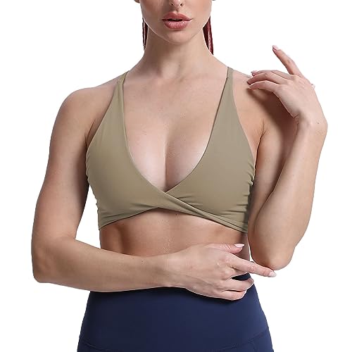 Aoxjox Damen Workout Sport BHs Fitness Rückenfrei Gepolstert Sienna Low Impact BH Yoga Crop Tank Top, Taupe, Medium von Aoxjox