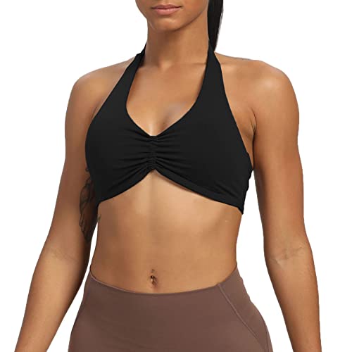 Aoxjox Damen Workout Sport BHs Fitness Rückenfrei Gepolstert Taylor Scrunch Neckholder BH Yoga Crop Tank Top, A Schwarz, small von Aoxjox