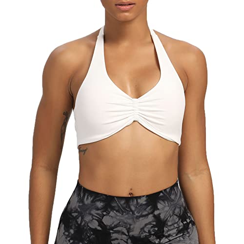 Aoxjox Damen Workout Sport BHs Fitness Rückenfrei Gepolstert Taylor Scrunch Neckholder BH Yoga Crop Tank Top, A weiß, Large von Aoxjox