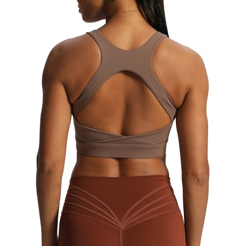 Aoxjox Damen Workout Sport BHs High Impact Fitness Rückenfrei Gepolstert Training Gym Khloe BH Yoga Crop Tank Top, Fudge Coffee, Medium von Aoxjox