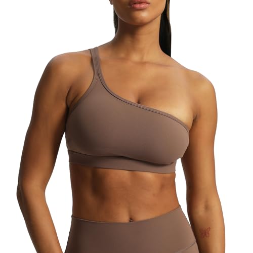 Aoxjox Astoria Asymmetrischer Damen-BHs für Workout, Sport, Fitness, Training, Fitnessstudio, Yoga, bauchfreies Tanktop, Fudge Coffee, X-Small von Aoxjox