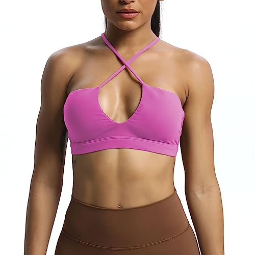 Aoxjox Jamie Damen Workout Sport BHs Tiefer V Fitness Rückenfrei Gepolstert Training Gym BH Yoga Crop Tank Top, Frühling Krokus, small von Aoxjox