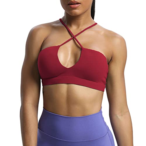 Aoxjox Jamie Damen Workout Sport BHs Tiefer V Fitness Rückenfrei Gepolstert Training Gym BH Yoga Crop Tank Top, Rot (Rumba Red), Medium von Aoxjox