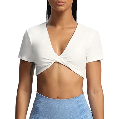 Aoxjox Kurzärmeliges bauchfreies Oberteil für Damen, Sienna Twist Deep V Workout Crop T-Shirt Top, Weiss/opulenter Garten, Groß von Aoxjox