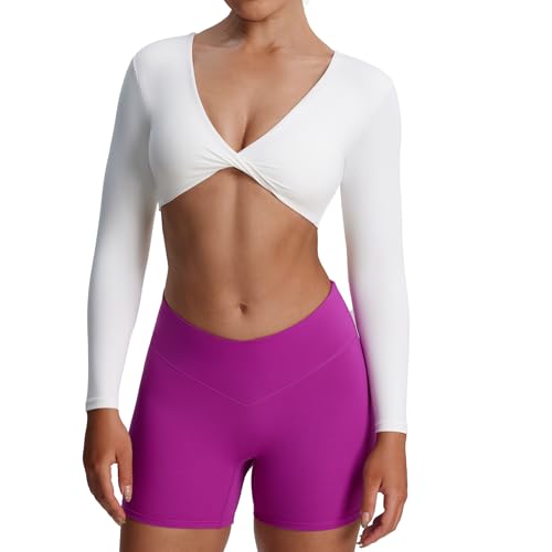 Aoxjox Langärmeliges Crop-Top für Damen, Sienna Twist Deep V Workout Cropped-T-Shirt, A weiß, X-Groß von Aoxjox