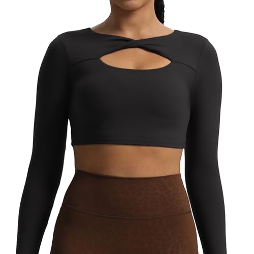 Aoxjox Langärmeliges Crop-Top für Damen, mit gepolstertem Tara-Twist-Workout, bauchfreies T-Shirt, Schwarz, Klein von Aoxjox