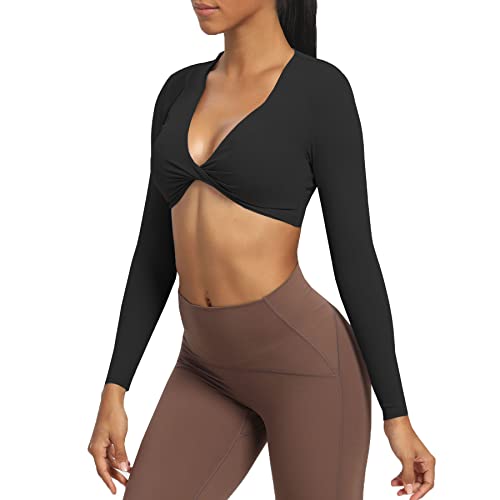 Aoxjox Langärmeliges bauchfreies Oberteil für Damen, Sienna Twist Deep V Workout Crop T-Shirt Top, A Schwarz, Groß von Aoxjox