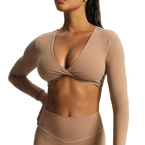 Aoxjox Langärmeliges bauchfreies Oberteil für Damen, Sienna Twist Deep V Workout Crop T-Shirt Top, Brownie, Klein von Aoxjox