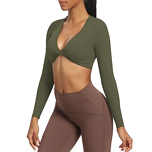 Aoxjox Langärmeliges bauchfreies Oberteil für Damen, Sienna Twist Deep V Workout Crop T-Shirt Top, Olivgrün, Klein von Aoxjox