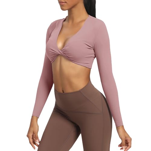 Aoxjox Langärmeliges bauchfreies Oberteil für Damen, Sienna Twist Deep V Workout Crop T-Shirt Top, Woodrose, Mittel von Aoxjox