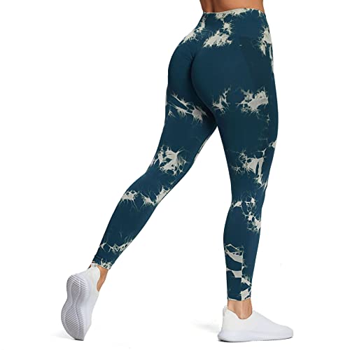 Aoxjox Nahtlose Scrunch-Leggings für Damen, Bauchkontrolle, Workout, Fitnessstudio, Fitness, Sport, aktive Yogahose, A Tie-Dye Wave Green, X-Groß von Aoxjox