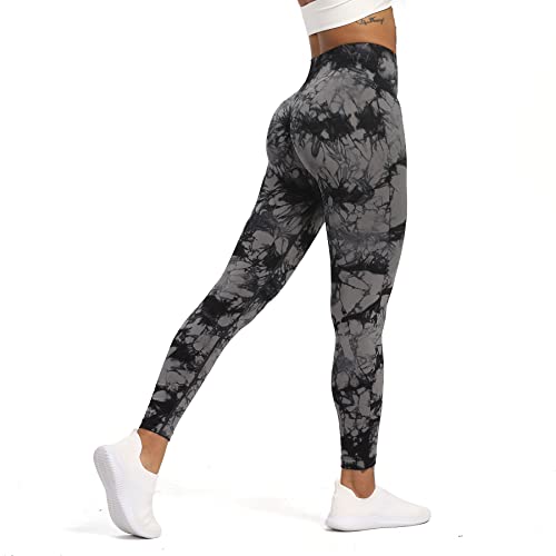 Aoxjox Nahtlose Scrunch-Leggings für Damen, Bauchkontrolle, Workout, Fitnessstudio, Sport, aktive Yogahose, Batikfärbung Schwarz Grau, S von Aoxjox