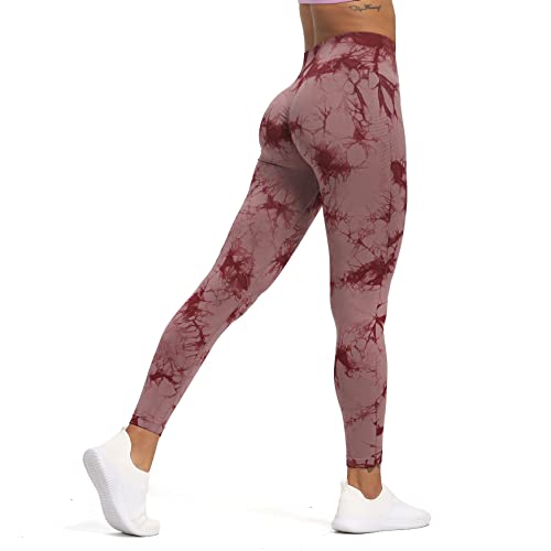 Aoxjox Nahtlose Scrunch-Leggings für Damen, Bauchkontrolle, Workout, Fitnessstudio, Sport, aktive Yogahose, Ein batik-farbiges Purpurrot, S von Aoxjox