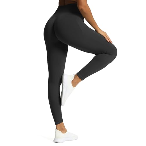 Aoxjox Nahtlose Workout-Leggings für Damen, hohe Taille, Fitness, Yoga, Kontur, Scrunch-Leggings, Schwarz, X-Klein von Aoxjox