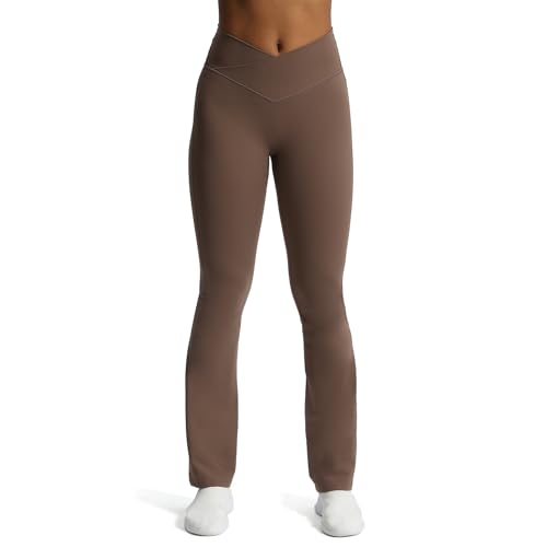 Aoxjox Schlag-Leggings für Damen, Trinity, Bauchkontrolle, hohe Taille, weites Bein, überkreuzte Taille, Yogahose, Fudge Coffee (fällt etwas klein aus, Größe größer), Groß von Aoxjox