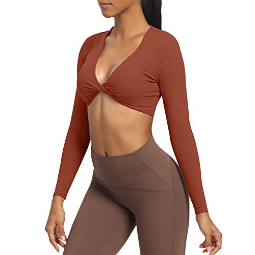 Aoxjox Sienna Twist Deep V Workout Crop Top Langarm Crop Tops für Damen, Cherry Mahogany, X-Klein von Aoxjox