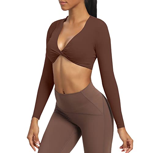 Aoxjox Sienna Twist Deep V Workout Crop Top Langarm Crop Tops für Damen, Dunkelbraun, Klein von Aoxjox