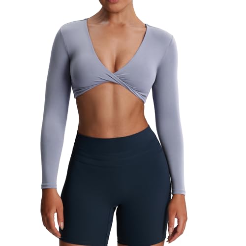 Aoxjox Sienna Twist Deep V Workout Crop Top Langarm Crop Tops für Damen, Lazuli, XX-Small von Aoxjox