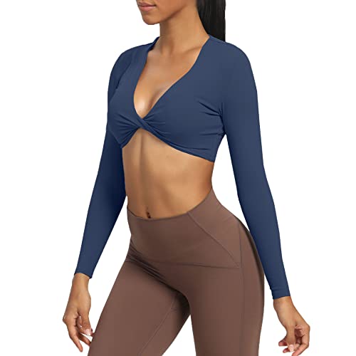 Aoxjox Sienna Twist Deep V Workout Crop Top Langarm Crop Tops für Damen, Navy, Klein von Aoxjox