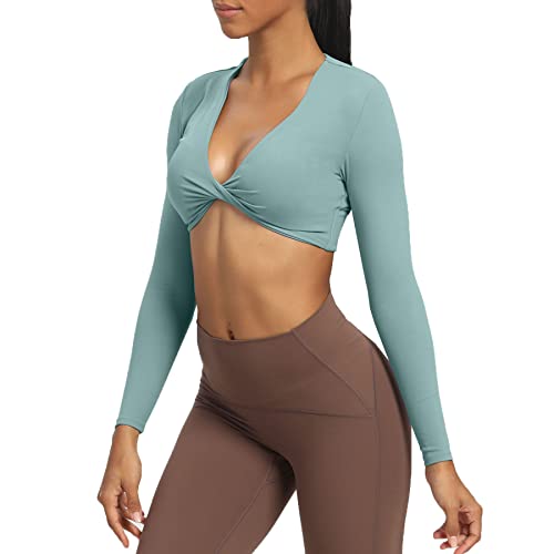 Aoxjox Sienna Twist Deep V Workout Crop Top Langarm Crop Tops für Damen, Salbeigrün, Mittel von Aoxjox