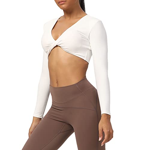 Aoxjox Sienna Twist Deep V Workout Crop Top Langarm Crop Tops für Damen, Weiß, XX-Small von Aoxjox