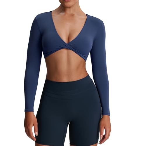 Aoxjox Sienna Twist Deep V Workout Crop Top Langarm Crop Tops für Damen, navy, Mittel von Aoxjox