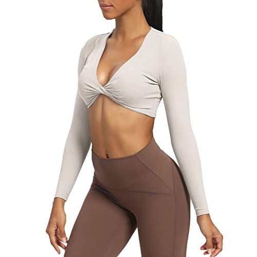 Aoxjox Sienna Twist Langärmeliges bauchfreies T-Shirt für Damen, tiefer V-Workout, bauchfreies T-Shirt (Nerz, Größe S) von Aoxjox