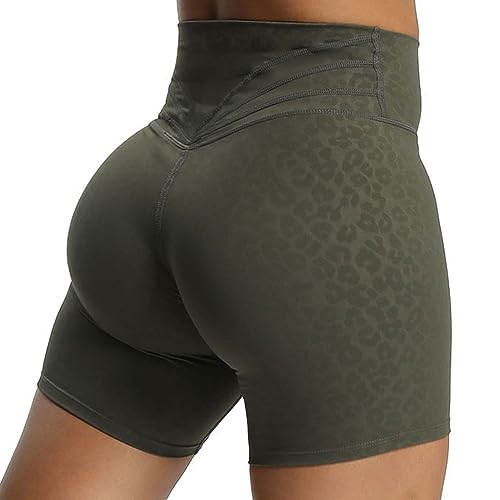 Aoxjox Trinity Workout-Biker-Shorts für Damen, Bauchkontrolle, hohe Taille, Sport, Fitnessstudio, Laufen, Yoga, Shorts, 15,2 cm, Olivgrünes Leopardenmuster, Mittel von Aoxjox