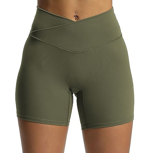 Aoxjox Trinity Workout-Biker-Shorts für Damen, gekreuzte Taille, hohe Taille, Training, Sport, Fitnessstudio, Laufen, Yoga, Shorts, 15,2 cm, Olivgrün, Groß von Aoxjox