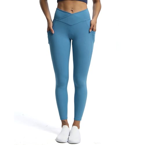 Aoxjox Trinity Yogahose mit hoher Taille und Taschen für Damen, Bauchkontrolle, Crossover-Taille, Workout-Leggings, 1# a Mykonos Blue (V-Bund), M von Aoxjox