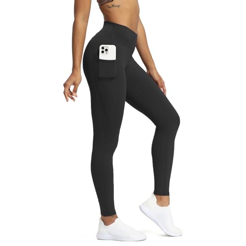 Aoxjox Trinity Yogahose mit hoher Taille und Taschen für Damen, Bauchkontrolle, Crossover-Taille, Workout-Leggings, A Black (V-Bund), XX-Small von Aoxjox