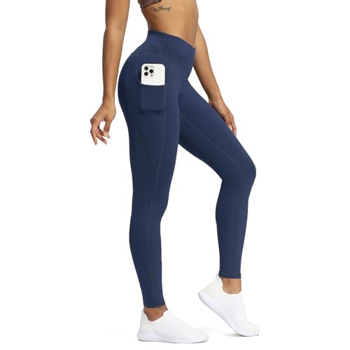 Aoxjox Trinity Yogahose mit hoher Taille und Taschen für Damen, Bauchkontrolle, Crossover-Taille, Workout-Leggings, A Navy (V-Bund), Groß von Aoxjox