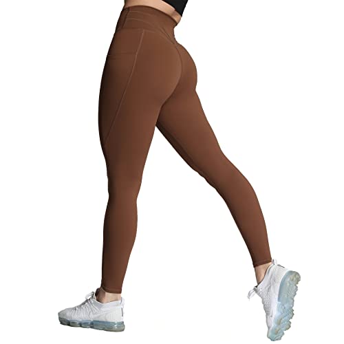 Aoxjox Trinity Yogahose mit hoher Taille und Taschen für Damen, Bauchkontrolle, Crossover-Taille, Workout-Leggings, B Dandelion Brown (normaler Bund), M von Aoxjox