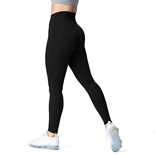 Aoxjox Trinity Yogahose mit hoher Taille und Taschen für Damen, Bauchkontrolle, Crossover-Taille, Workout-Leggings, B Schwarz (normaler Bund), S von Aoxjox